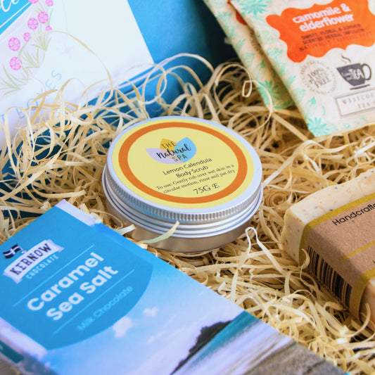 Letterbox Pamper Gift Set with natural soap, body scrub, artisan chocolate and herbal tea - Devon and Cornish products