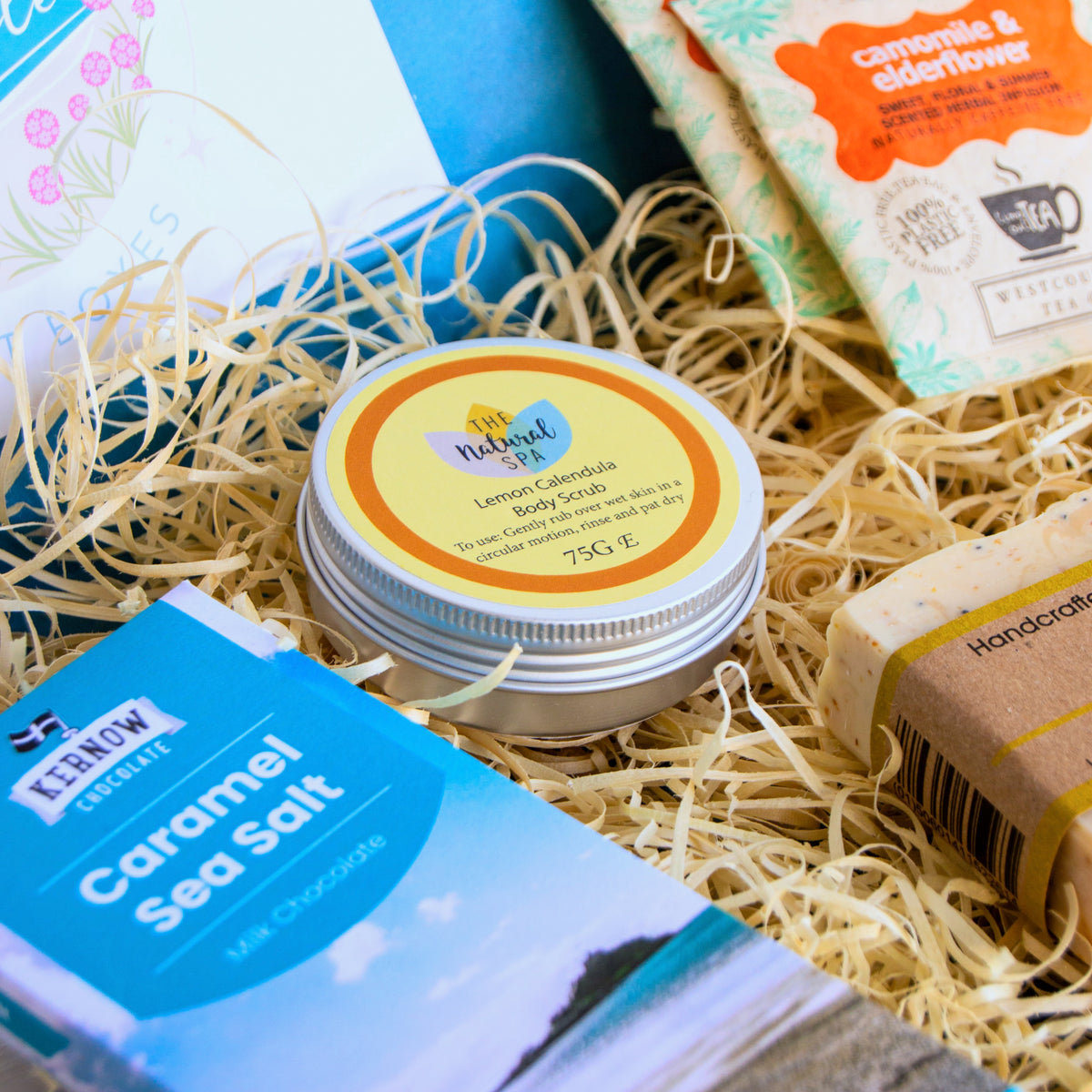 Letterbox pamper gift set with natural soap, natural spa cosmetics body scrub, cornish artisan sea salt soap and herbal tea - Devon and Cornish products.