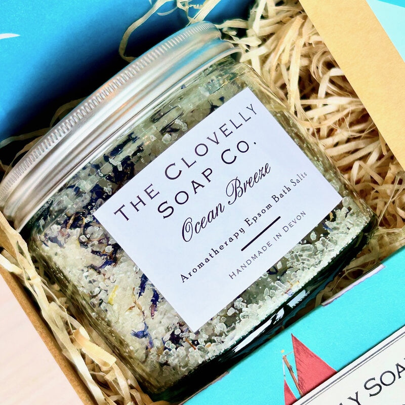 Luxury Bath Gift Set from Devon with Ocean Breeze Epsom Bath Salts, Ocean Breeze handmade soap, Exe Chocolate with Devon harvested seaweed