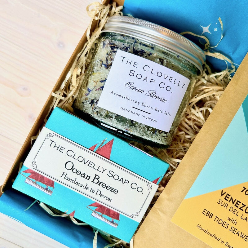 Luxury Bath Gift Set from Devon with Ocean Breeze Bath Salts, Ocean Breeze handmade soap, Exe Chocolate with Devon harvested seaweed