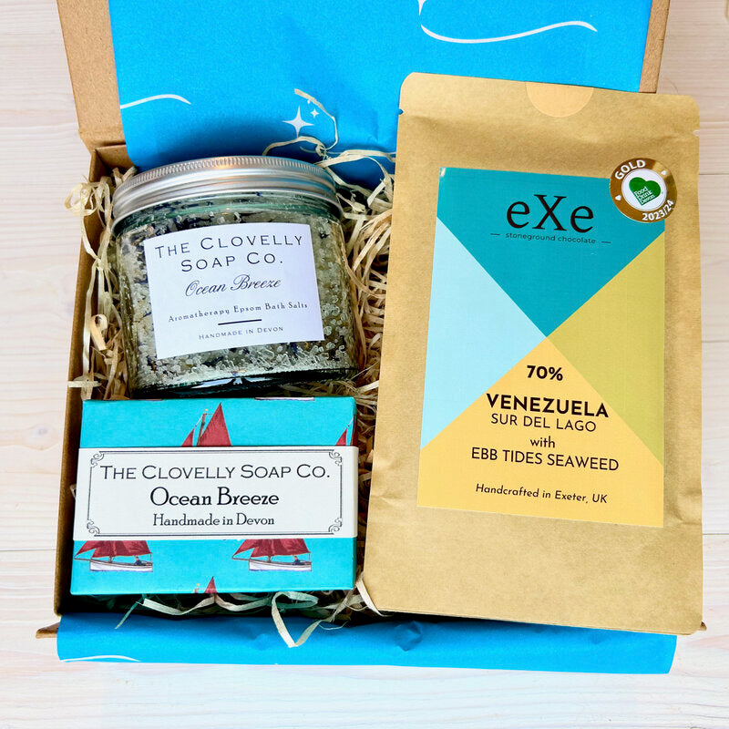 Luxury Bath Gift Set with Ocean Breeze Epsom Bath Salts, hand-crafted soap and artisan Devon chocolate
