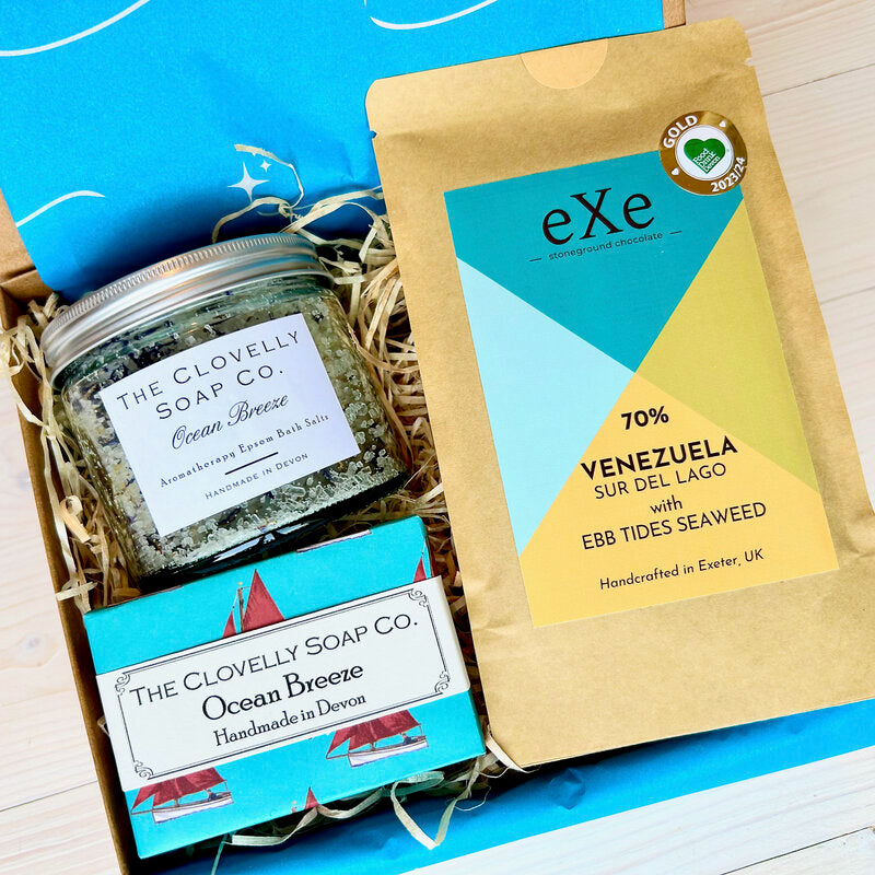 Luxury Bath Gift Set from Devon with Ocean Breeze Bath Salts, Ocean Breeze handmade soap, Exe Chocolate with Devon harvested seaweed