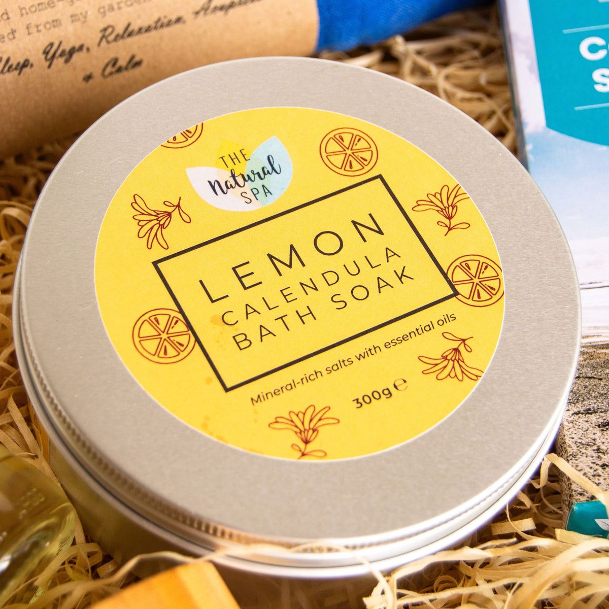 New Mum Gift Set with relaxation and pamper products including lavender eye pillow, natural bath salts, luxurious bump balm, luscombe elderflower bubbly and chocolate. 