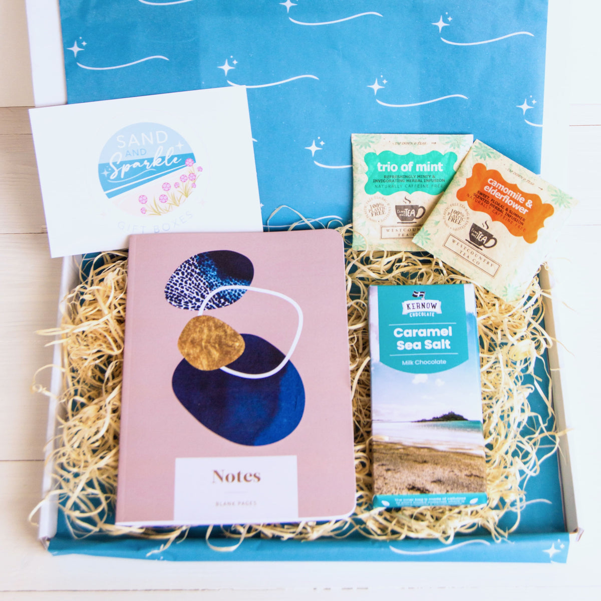 Mindfulness Gift Set - letterbox - with coastal designed Notebook, artisan chocolate and herbal tea - from Cornwall