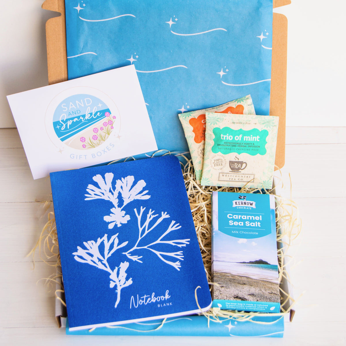 Mindfulness Gift Set - letterbox - with coastal designed Notebook, artisan chocolate and herbal tea - from Cornwall