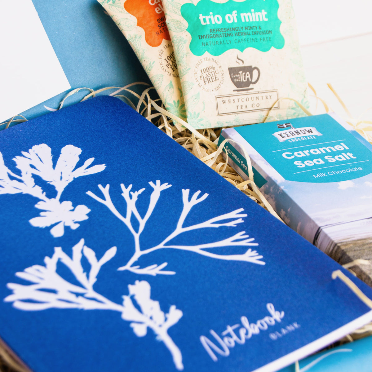 Mindfulness Gift Set - letterbox - with coastal designed Notebook, artisan chocolate and herbal tea - from Cornwall