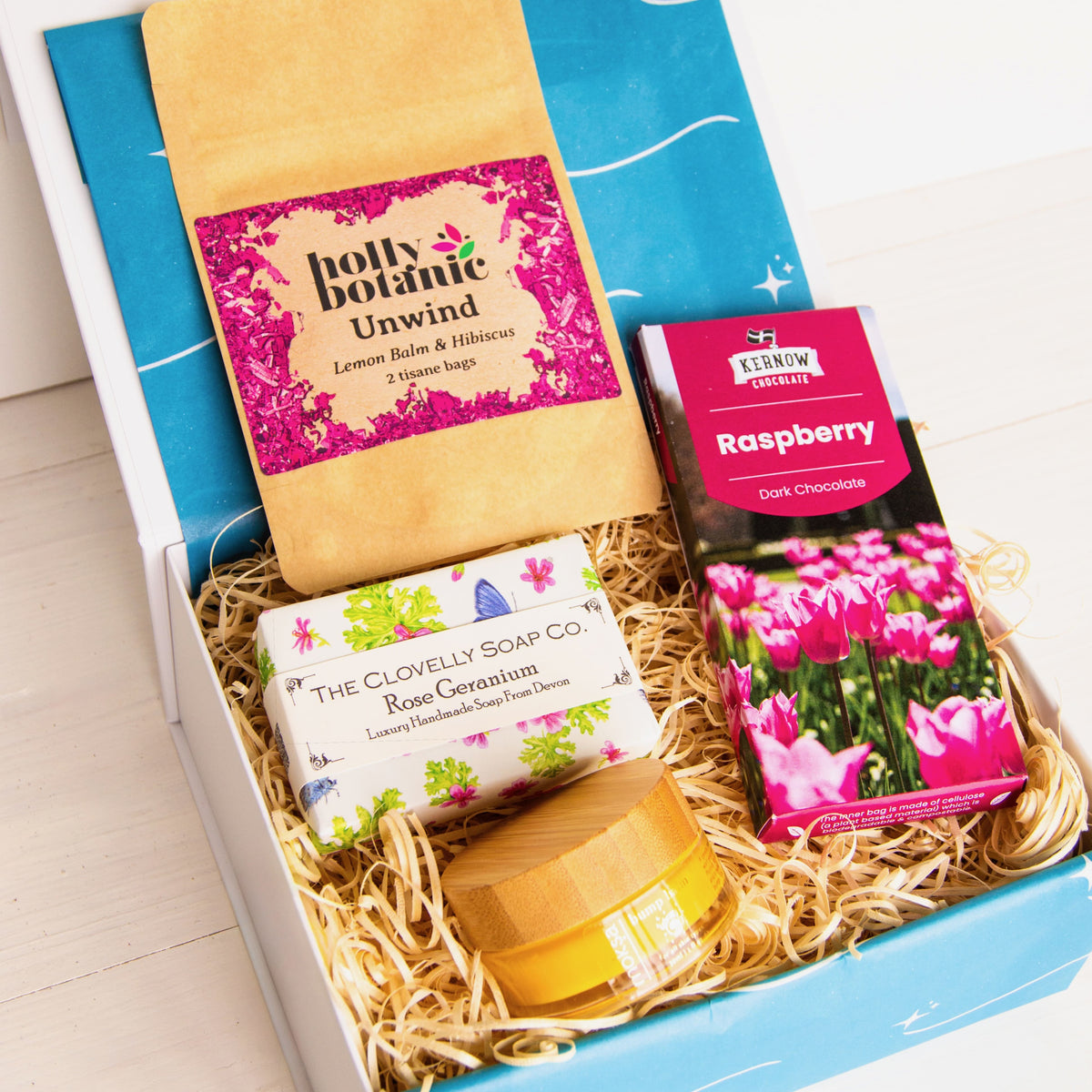 New Mum Self Care Gift Box - perfect for new mums and mums-to-be with luxury bump balm, artisan soap, Cornish chocolate and relaxing 'unwind' herbal tea.