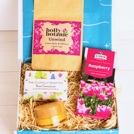 New Mum Self Care Gift Box - perfect for new mums and mums-to-be with luxury bump balm, artisan soap, Cornish chocolate and relaxing 'unwind' herbal tea.