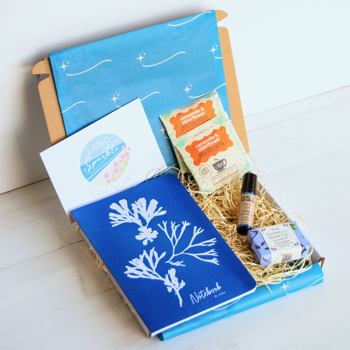 Notebook Gift Set - letterbox - with Cornish coastal inspired notebook, hand-crafted lavender soap made in Devon, aromatherapy relaxation oils and herbal tea