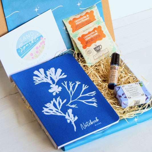 Notebook Gift Set - letterbox - with Cornish coastal inspired notebook, hand-crafted lavender soap made in Devon, aromatherapy relaxation oils and herbal tea