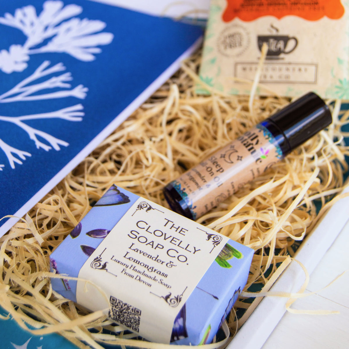 Notebook Gift Set - letterbox - with Cornish coastal inspired notebook, hand-crafted lavender soap made in Devon, aromatherapy relaxation oils and herbal tea