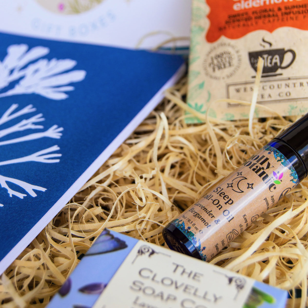 Notebook Gift Set - letterbox - with Cornish coastal inspired notebook, hand-crafted lavender soap made in Devon, aromatherapy relaxation oils and herbal tea