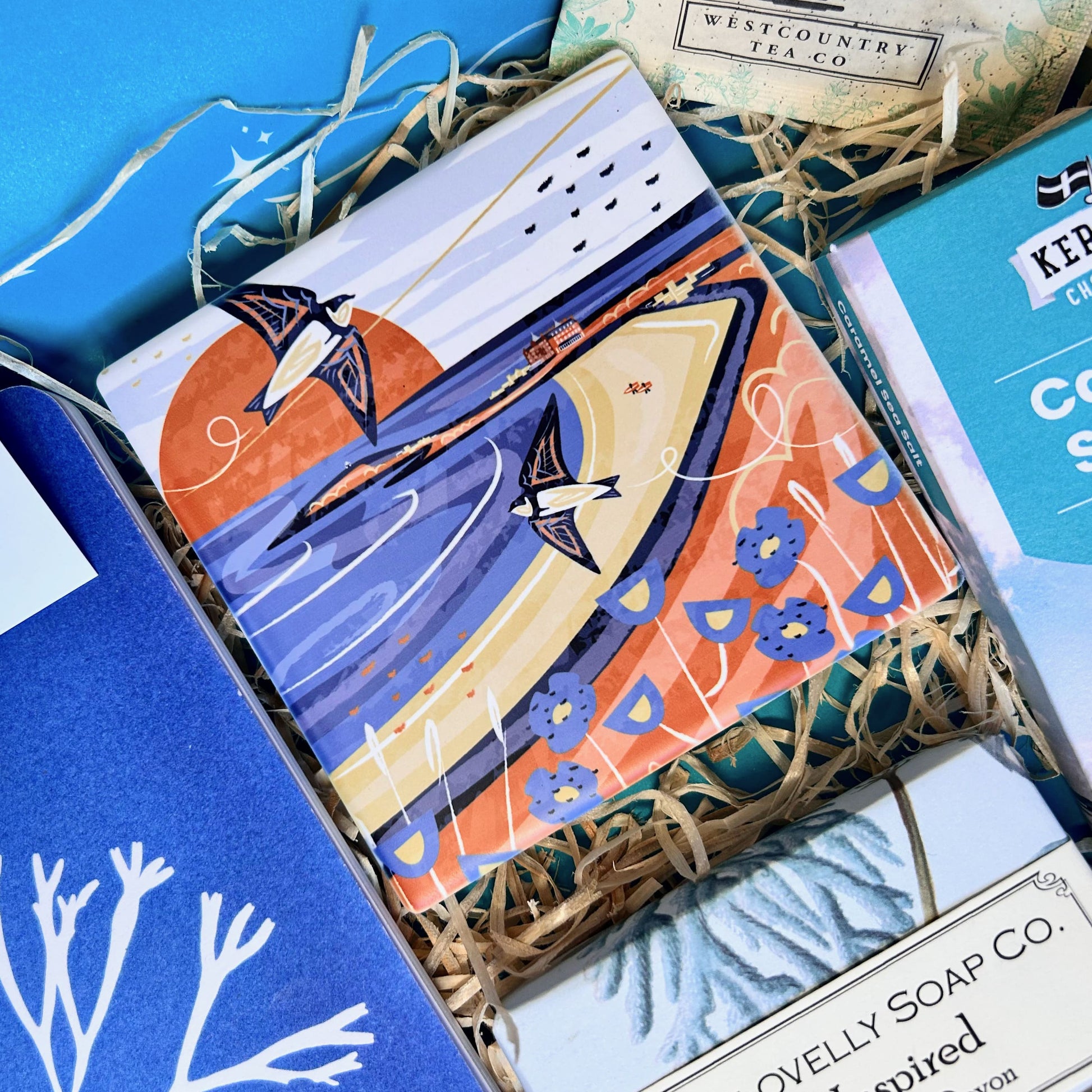 Ocean Letterbox Gift with notebook, Cornish coaster, sea inspired natural soap made in Devon, artisan Cornish chocolate and tea