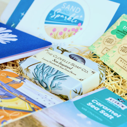 Ocean Letterbox Gift with notebook, Cornish coaster, sea inspired natural soap made in Devon, artisan Cornish chocolate and tea