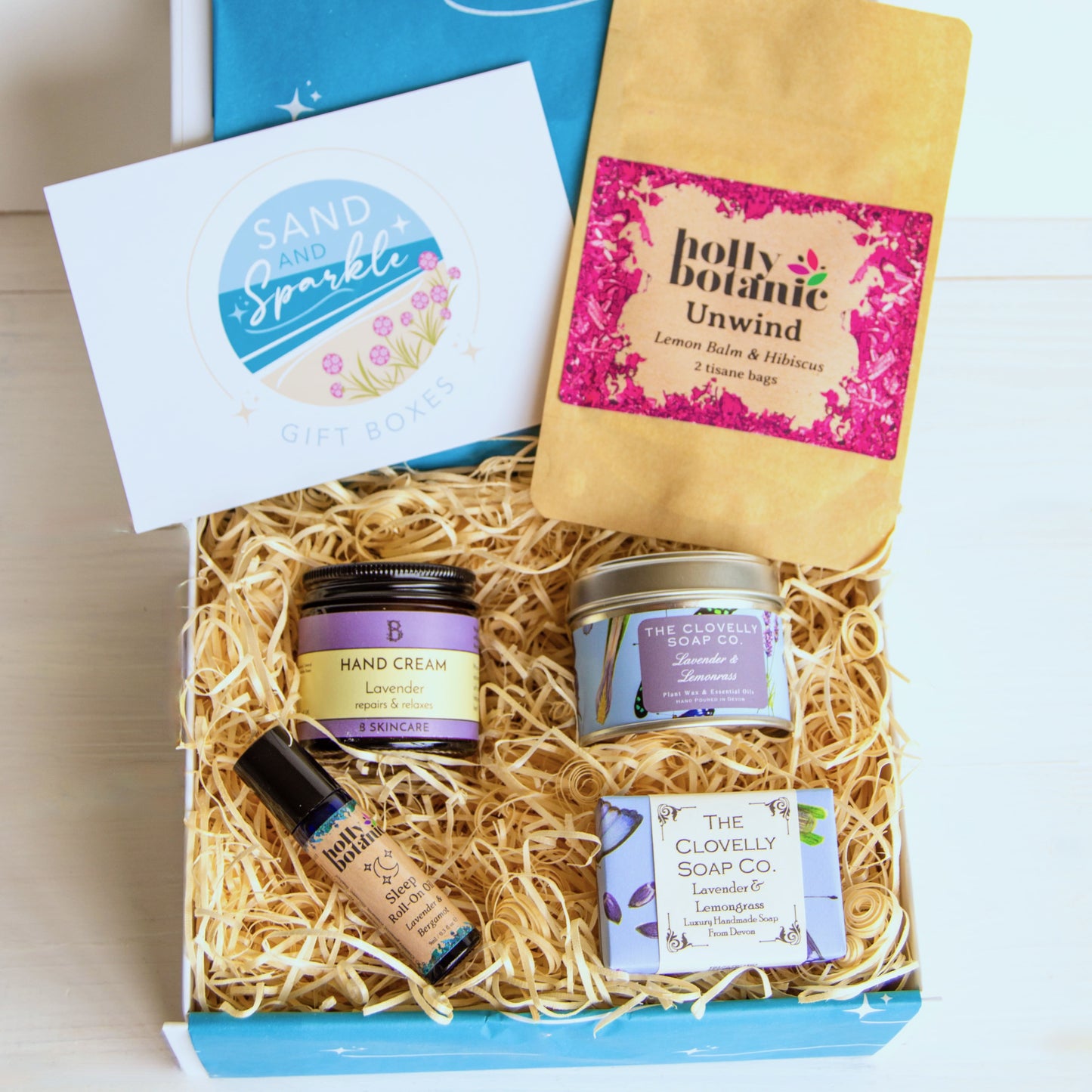 Relaxation Gift Set with lavender candle, hand-crafted soap, aromatherapy sleep oil, artisan hand cream and herbal tea - products from devon and cornwall