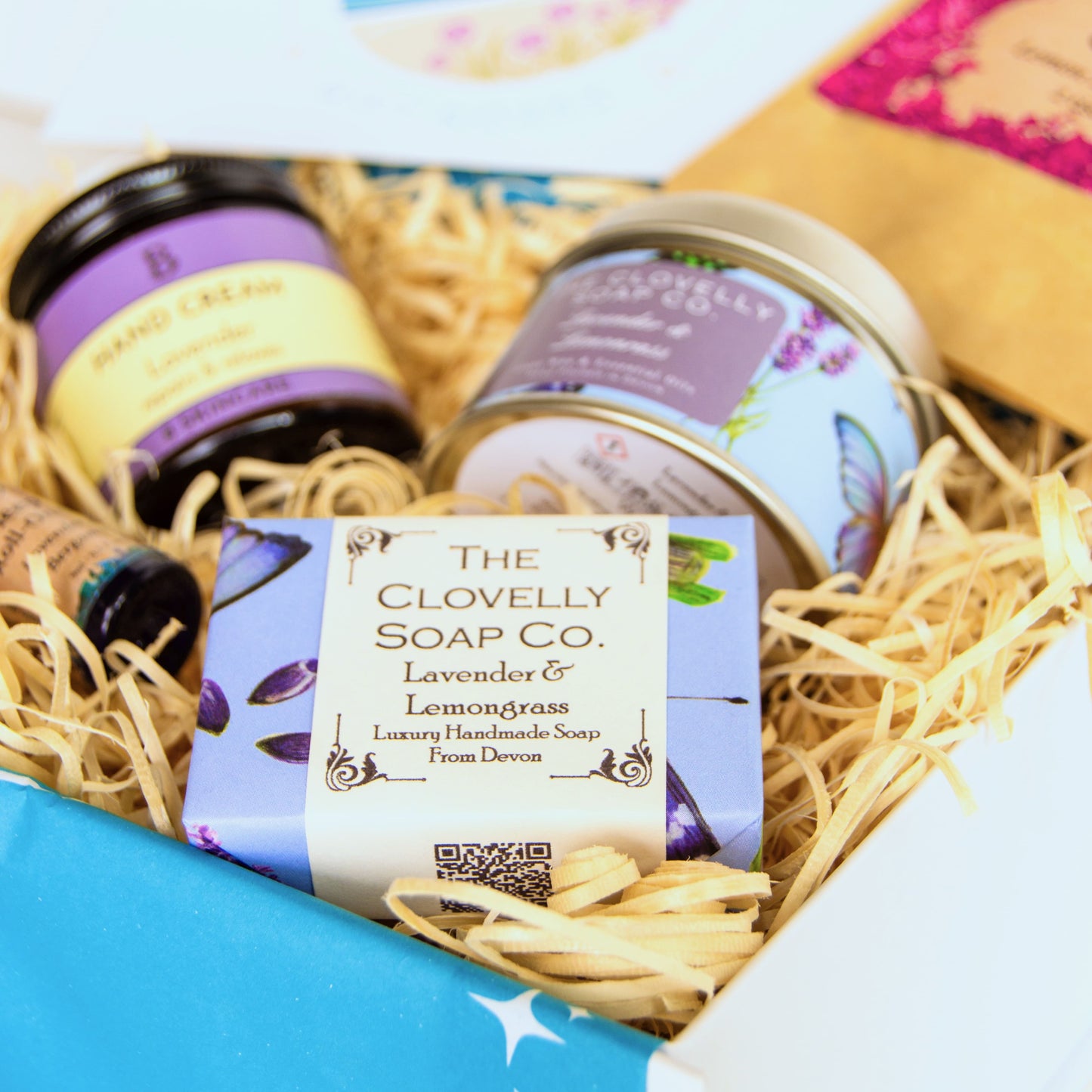 Relaxation Gift Set with lavender candle, hand-crafted soap, aromatherapy sleep oil, artisan hand cream and herbal tea - products from devon and cornwall
