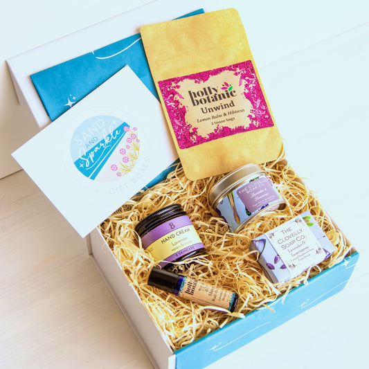 Relaxation Gift Set with lavender candle, hand-crafted soap, aromatherapy sleep oil, artisan hand cream and herbal tea - products from devon and cornwall
