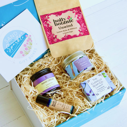 Relaxation Gift Set with lavender candle, hand-crafted soap, aromatherapy sleep oil, artisan hand cream and herbal tea - products from devon and cornwall