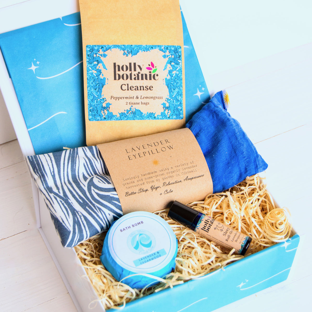 Wellbeing Gift Box with organic lavender eye pillow, aromatherapy oil, natural bath bomb, luxury hand cream and herbal tea - all Devon and Cornish products.