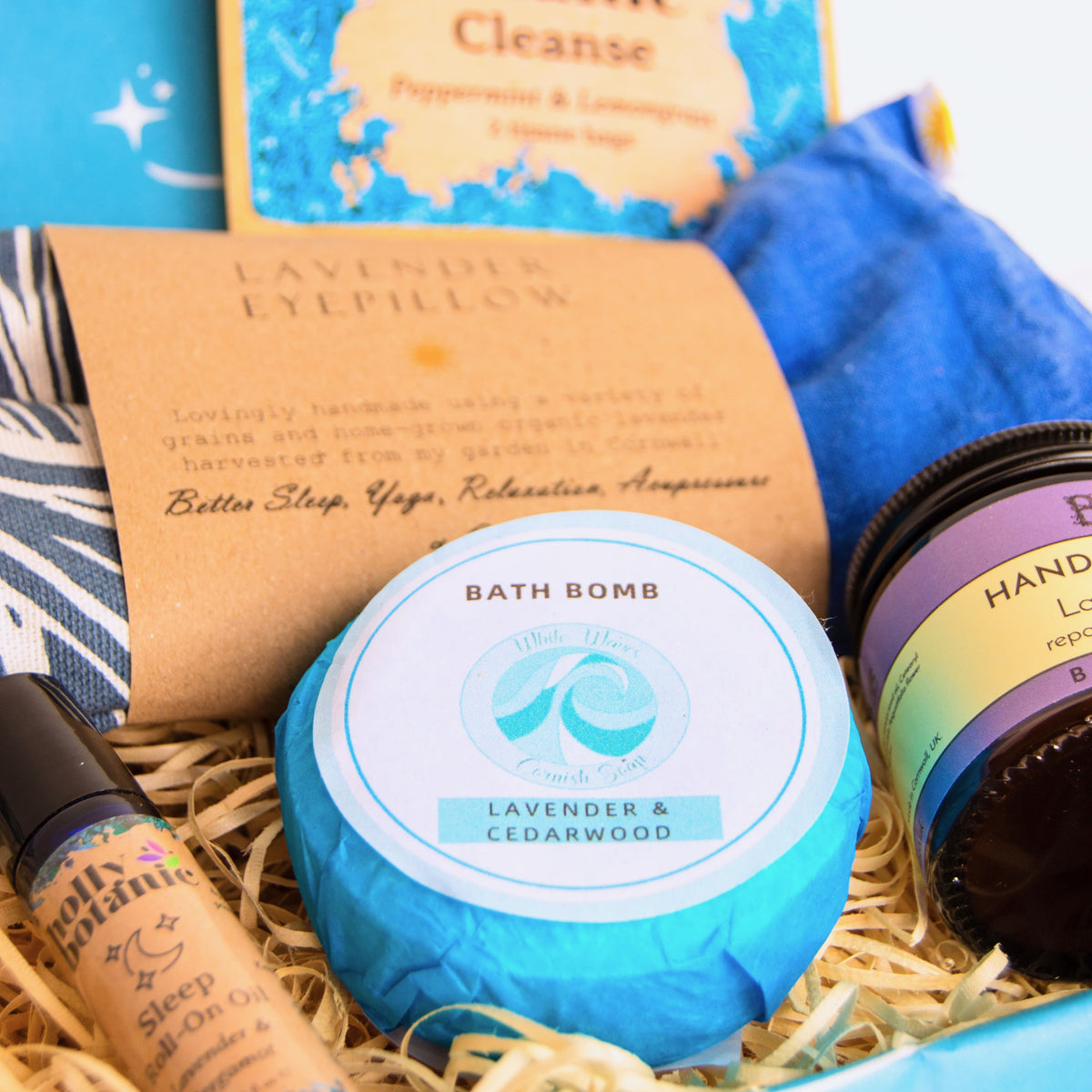 Wellbeing Gift Box with organic lavender eye pillow, aromatherapy oil, natural bath bomb, luxury hand cream and herbal tea - all Devon and Cornish products.