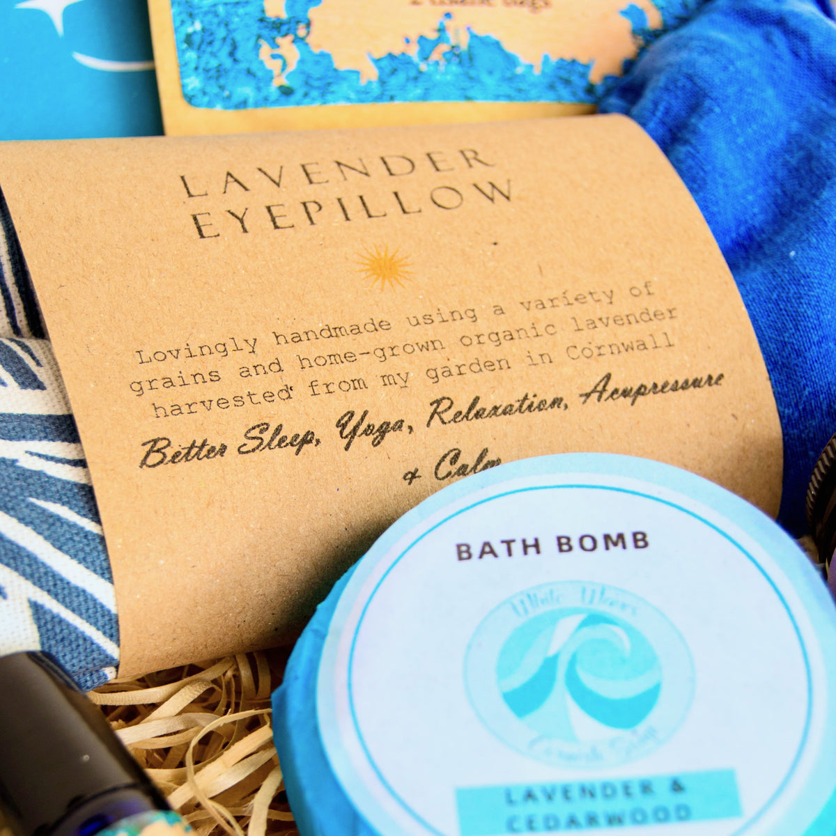 Wellbeing Gift Box with organic lavender eye pillow, aromatherapy oil, natural bath bomb, luxury hand cream and herbal tea - all Devon and Cornish products.