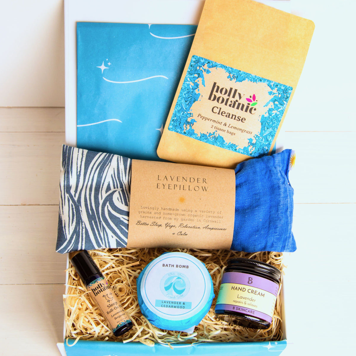 Wellbeing Gift Box with organic lavender eye pillow, aromatherapy oil, natural bath bomb, luxury hand cream and herbal tea - all Devon and Cornish products.