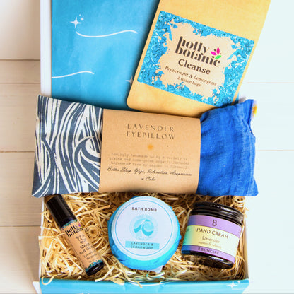 Wellbeing Gift Box with organic lavender eye pillow, aromatherapy oil, natural bath bomb, luxury hand cream and herbal tea - all Devon and Cornish products.