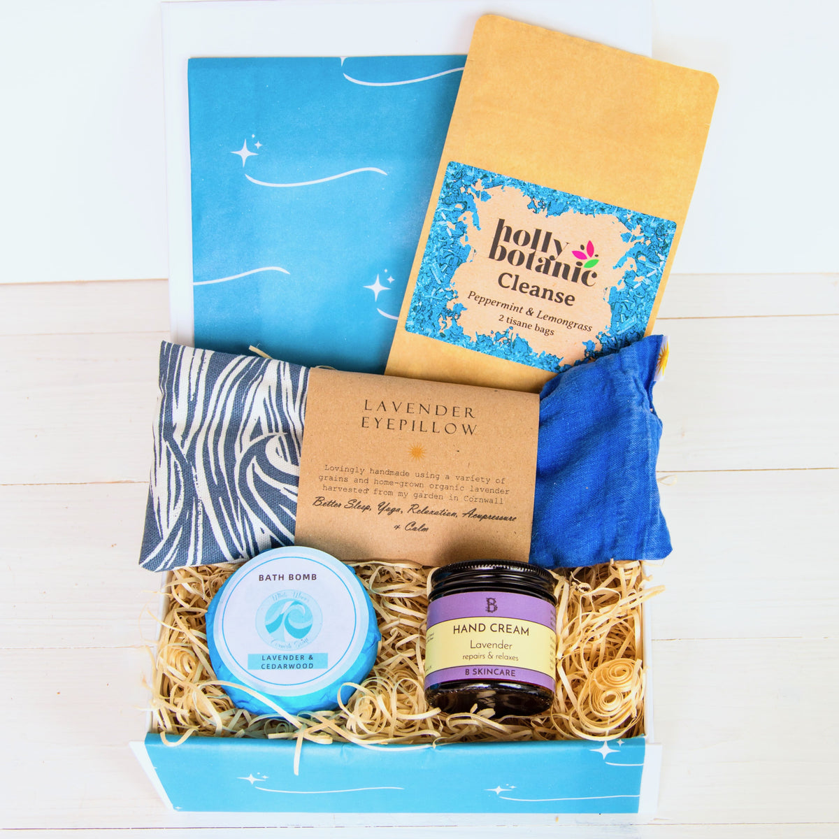 Wellbeing Gift Box with organic lavender eye pillow, aromatherapy oil, natural bath bomb, luxury hand cream and herbal tea - all Devon and Cornish products.