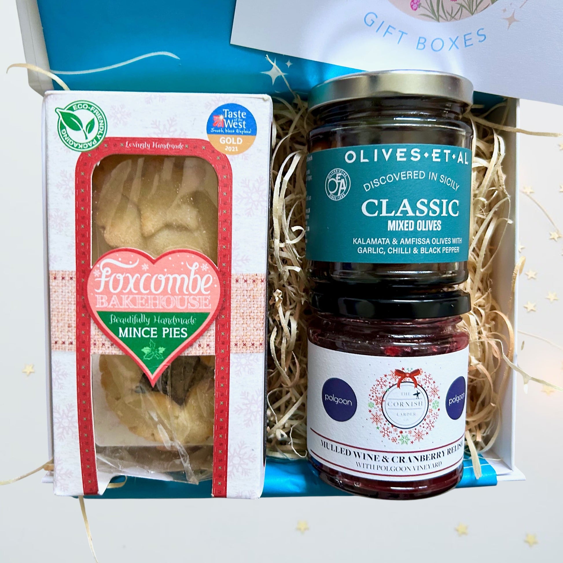 Westcountry Christmas Hamper Mini with award-winning handmade mince pies, mulled wine and cranberry relish and luxury mixed olives. 